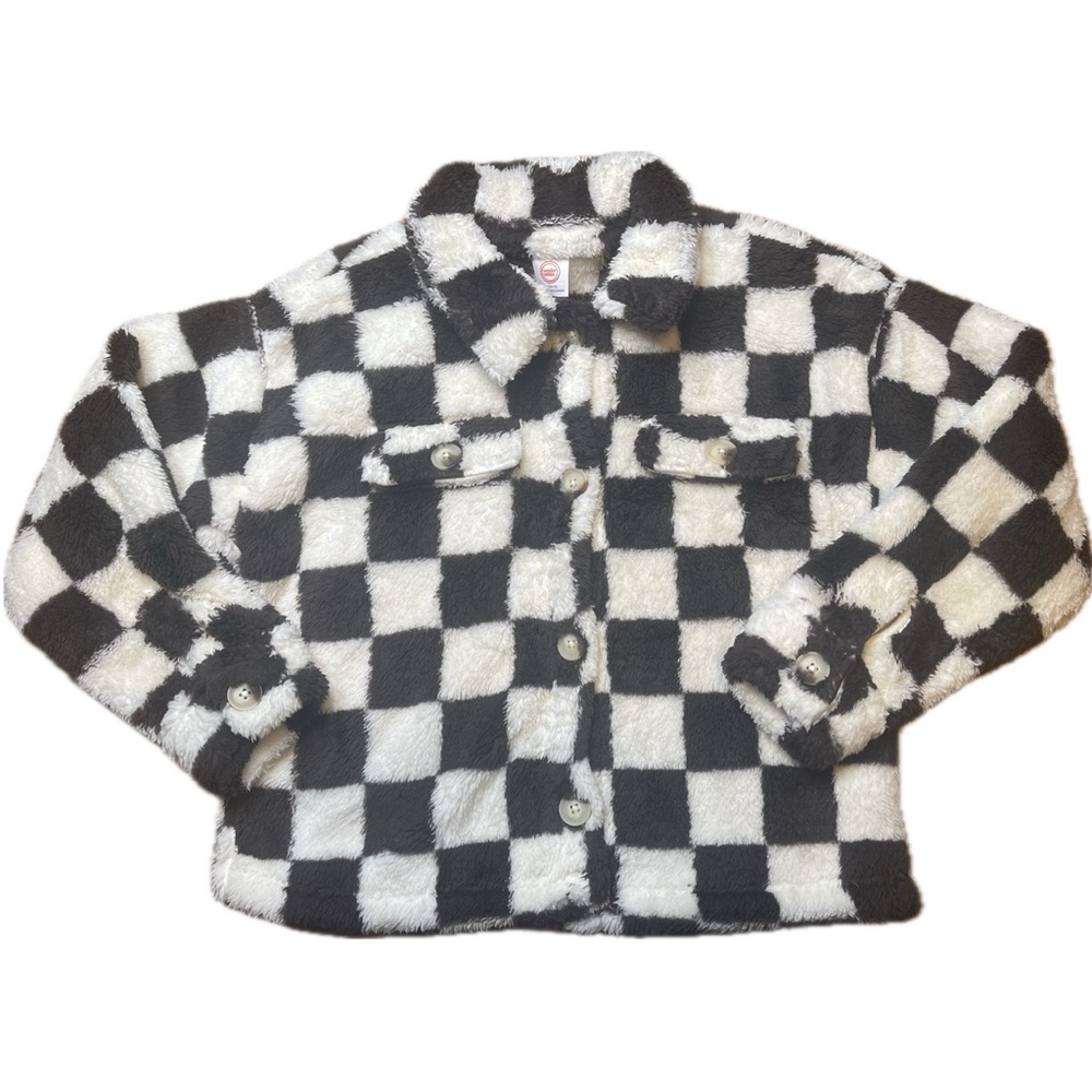 Wondernation - Girls Cozy Sherpa Shacket -Chocolate Brown Checkers - Size L -NWT